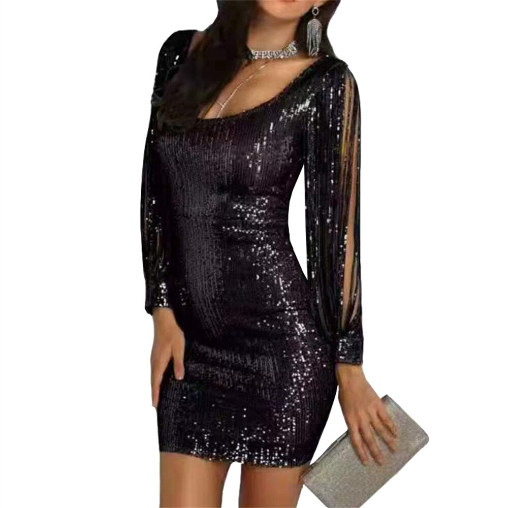 Black Sequin Long Split Sleeve Mini Dress