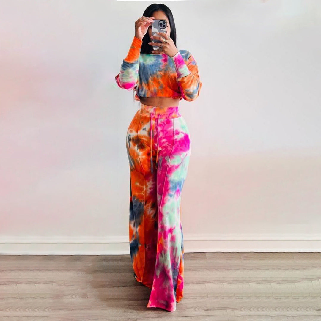 Tie Dye Off Shoulder Crop & Wide Pants Sets