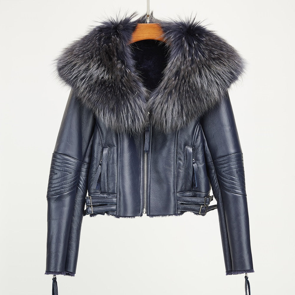 Genuine Leather Moto Jackets Big Fur Collar Wool Liner