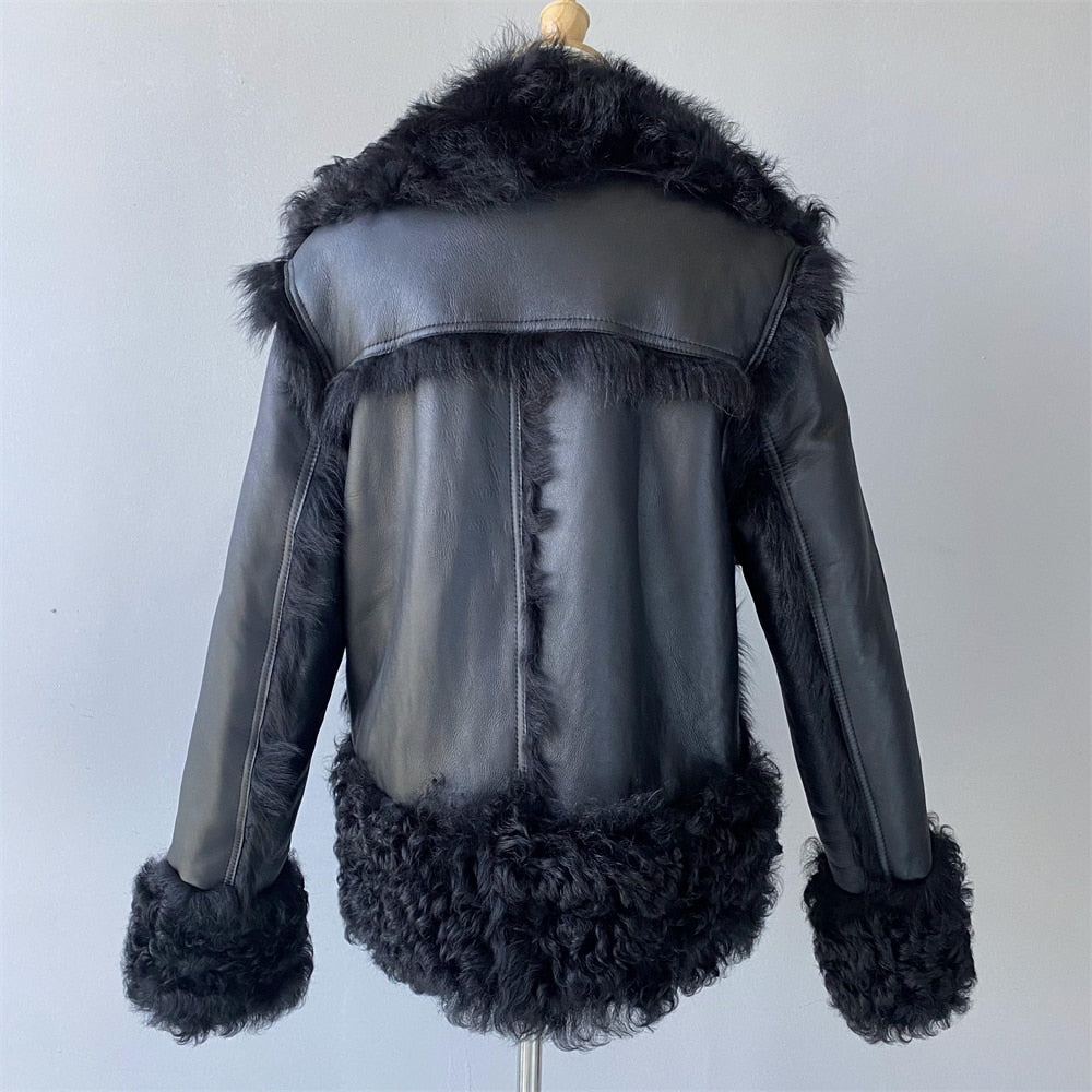 Genuine Leather Coat Curly Shearling Fur