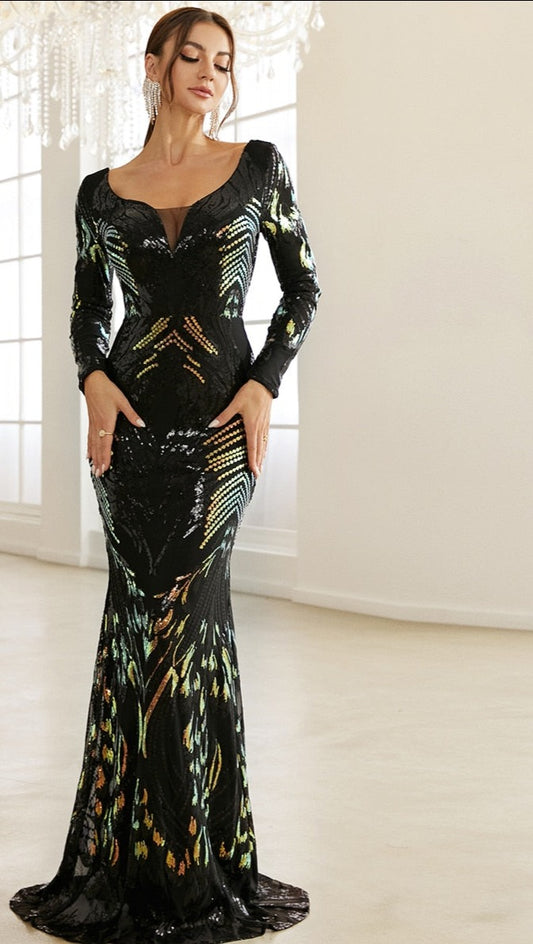 Sequin Sleeved Backless Maxi Dresses