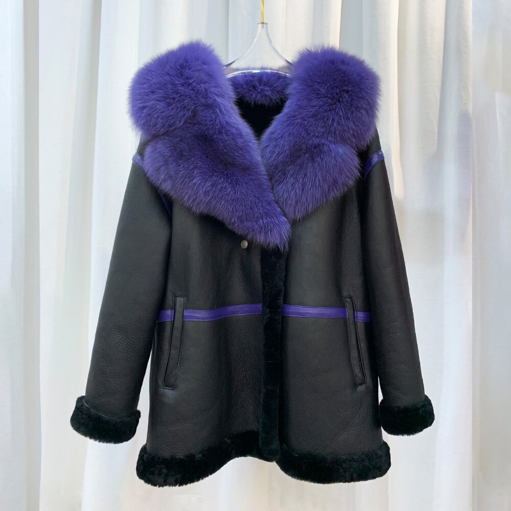 Genuine Leather Coats Shearing Fur Lining Big Real Fur Collar