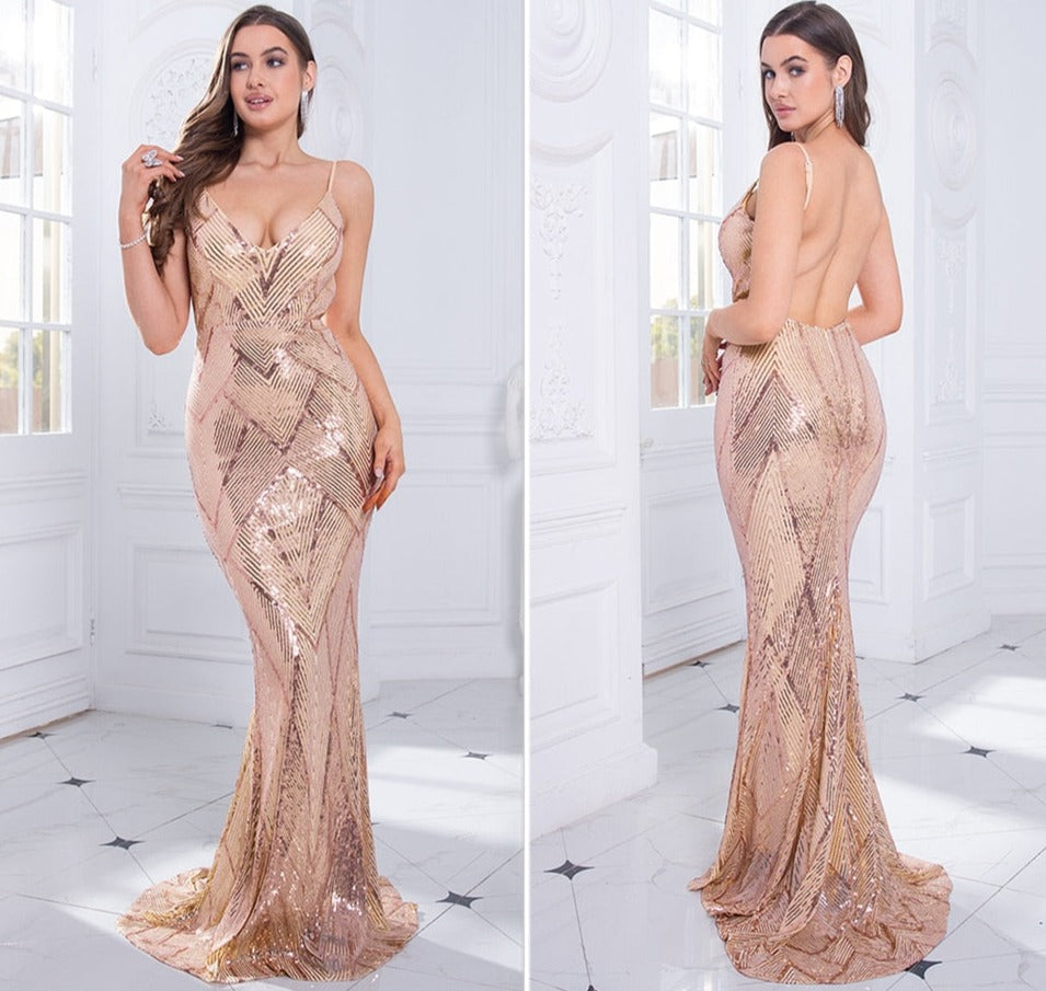 Gold Pattern Sequin Sleeveless Elegant Dress