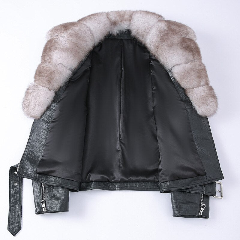 Reptile Genuine Leather Jacket Real Fox Fur Collar