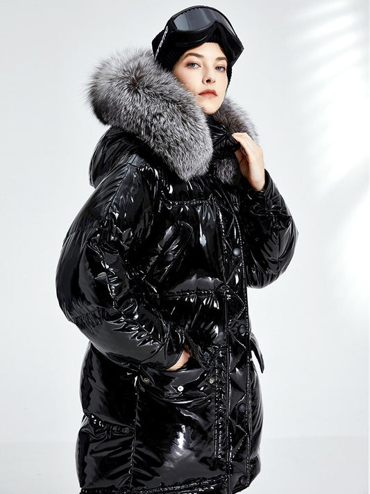 Glossy Duck Down Waterproof Big Puffer Coats Real Fur Parkas