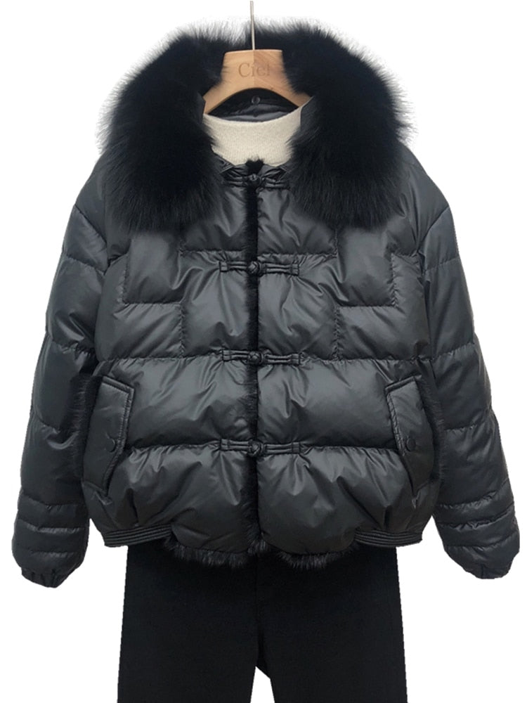 Duck Down Short Puffer Coats Real Fur Collar & Trim