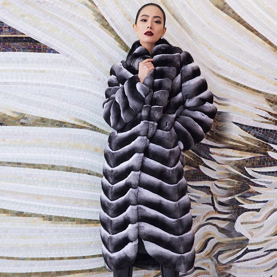 Luxury X-Long Real Fur Coat Chinchilla Style