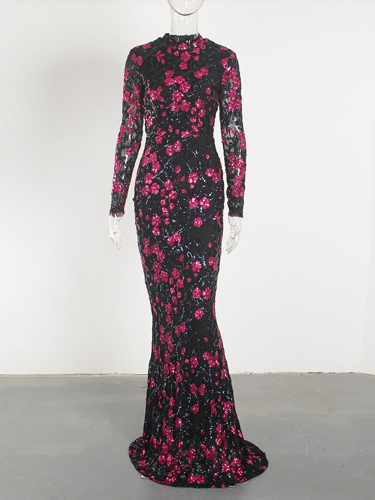 Sequin Flowers Sleeved Mermaid Maxi Dress