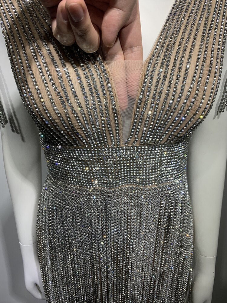Diamonds Fringed Tassel Nude Mini Dress