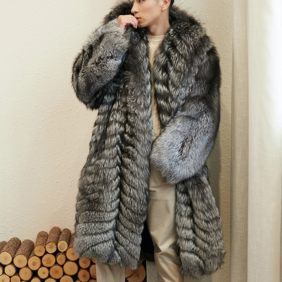 Dark Silver Splicing Pattern Real Fur Long Hooded Coat