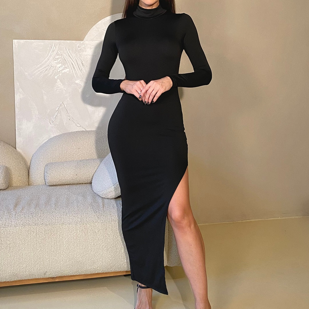 Black Long Sleeve O Neck Split Maxi Dress