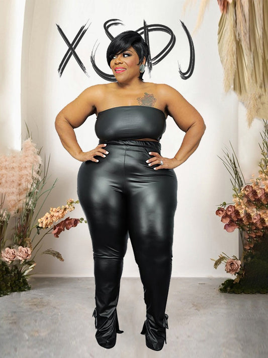 Pu Leather Strapless Crop and Pants Sets Plus Size