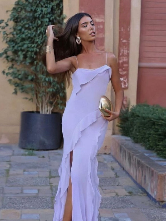 Ruffle Suspender Lace Up Side Slit Maxi Dress