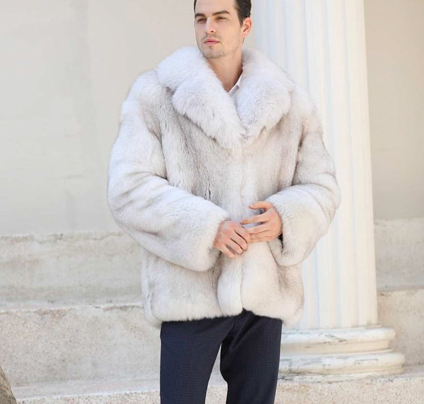 Men's White Fur Coat - Natural White Rabbit -Double Breasted