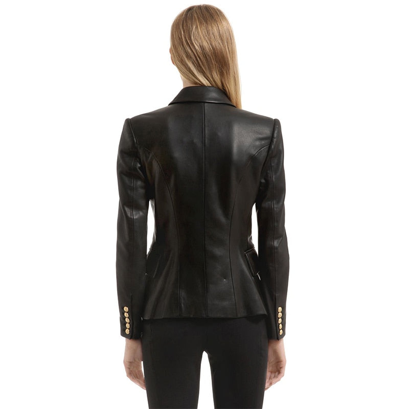 Genuine Leather Double Breasted Blazer Jacket