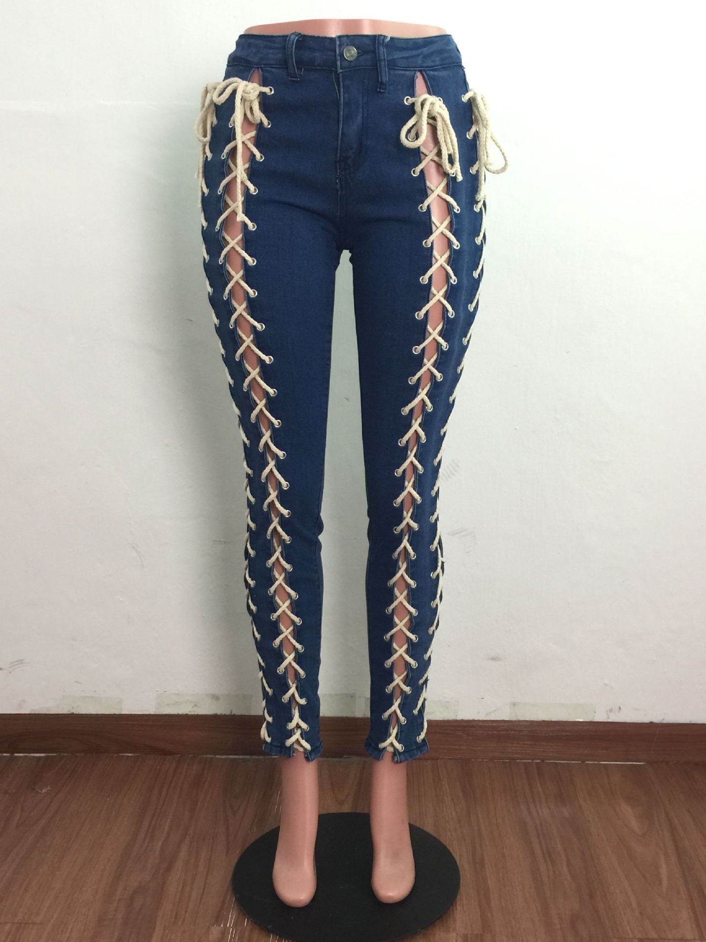 High Waist Lace Up Bandage Pencil Denim Jeans