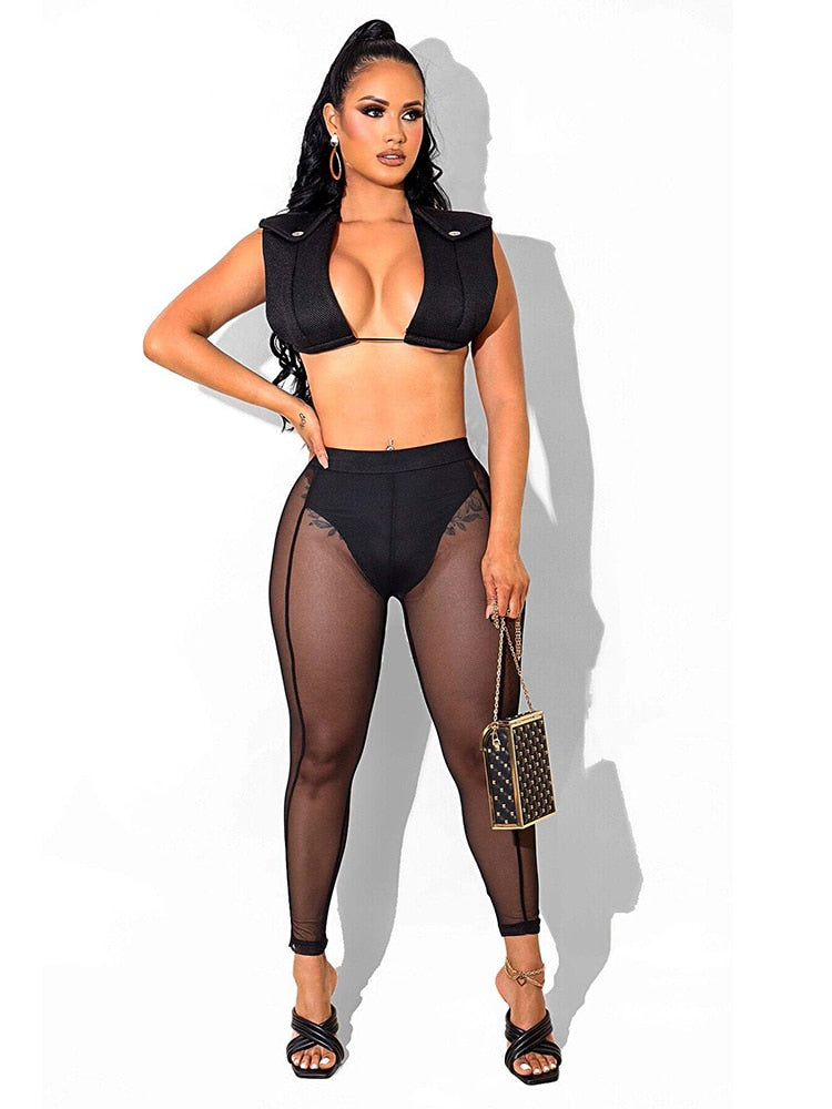 Mesh Sleeveless Crop Top High Waist Pants Sets