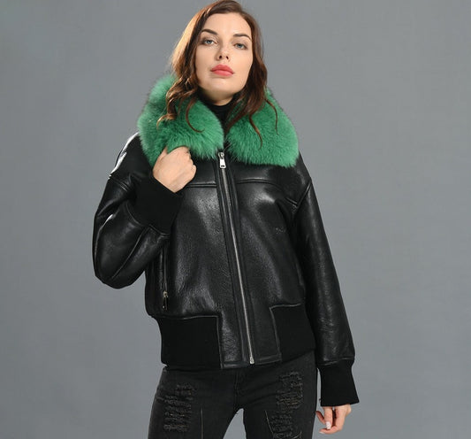 Genuine Leather Coat Shearling Liner Fur Collar Bombers