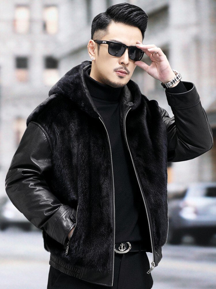 Genuine Leather Hooded Coats Real Mink Fur