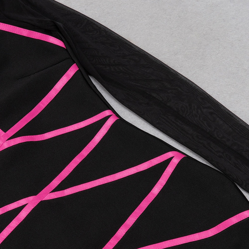 Black Pink Mesh O-Neck Bodycon Midi Dress