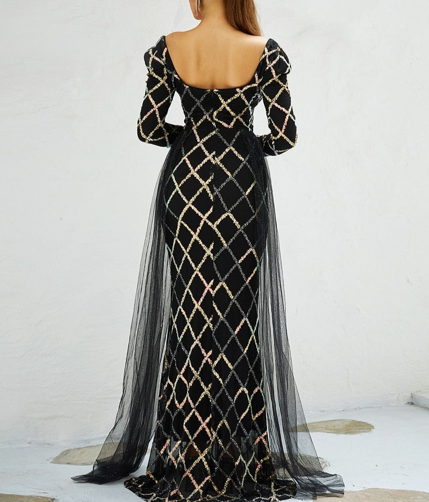 Sequin Mesh Side Drape Sleeved Maxi Dress