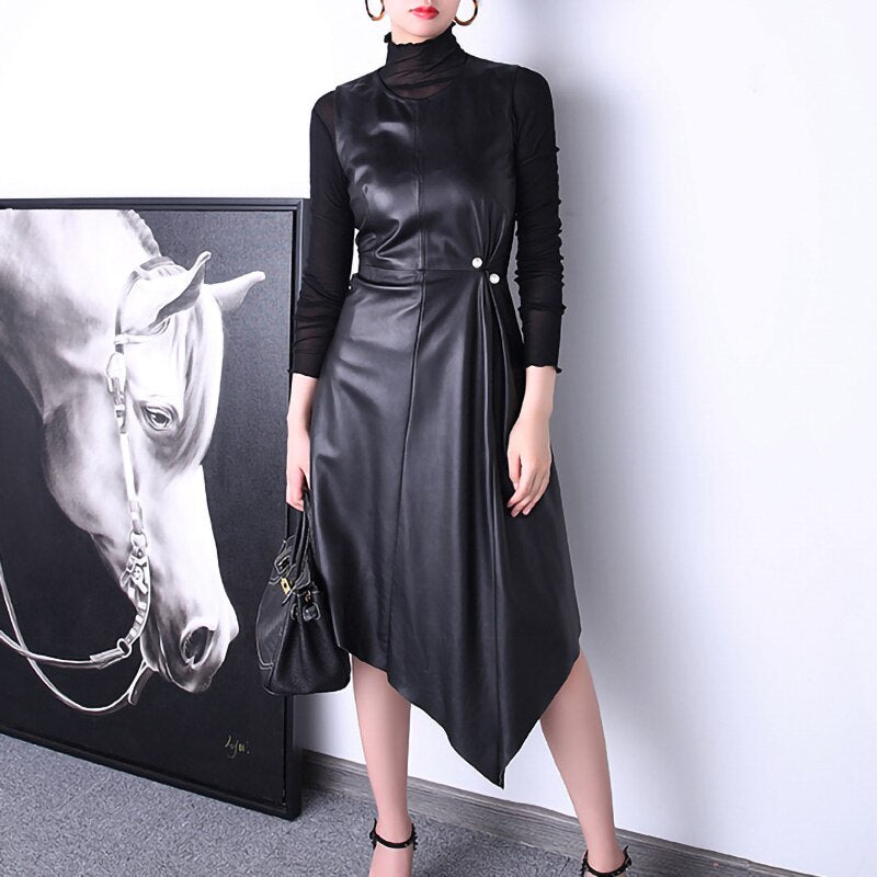 Genuine Leather Sleeveless Mid-Calf Dresses