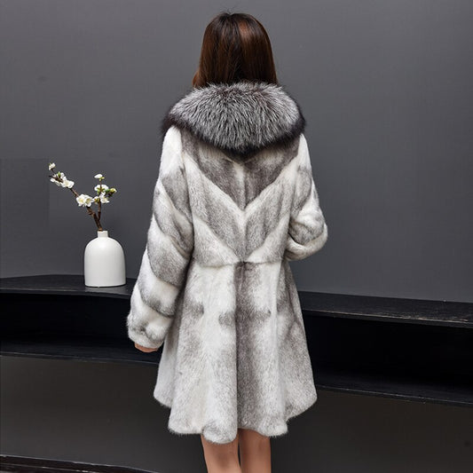 Real Mink Fur Coat Fox Fur Collar Mid-length