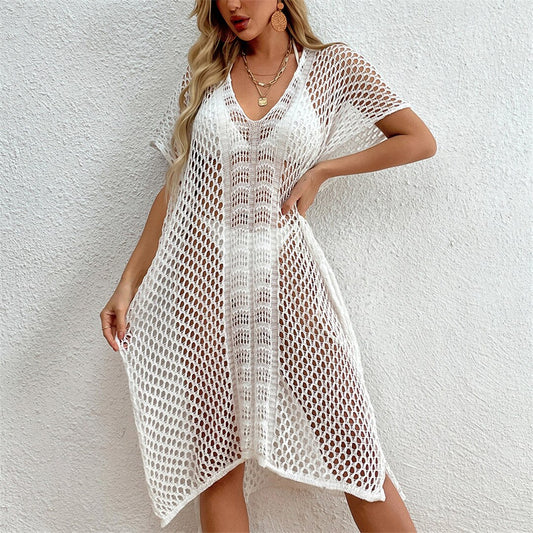 White Short Sleeve Hollow Long Cover Ups