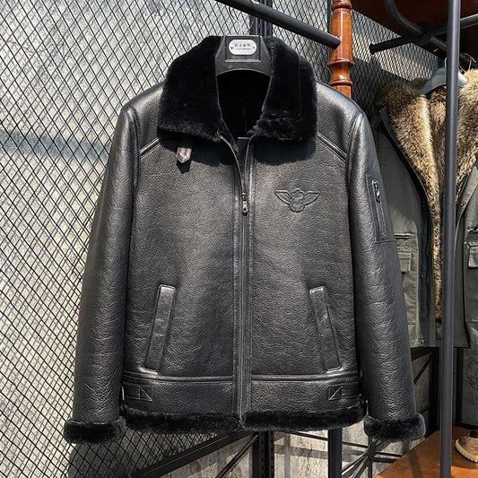 Genuine Leather Coat Black Real Shearling Fur Lining
