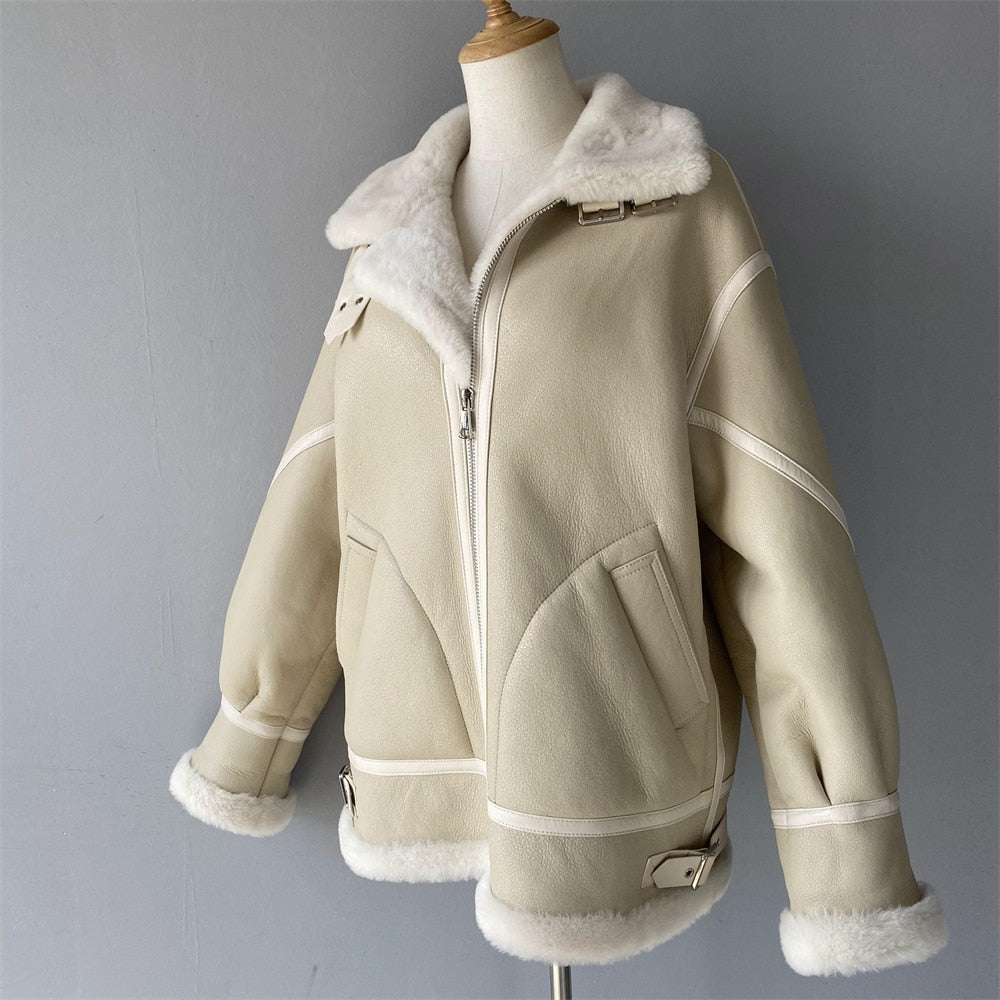 Cream Genuine Leather Coat Shearling Liner Oversized