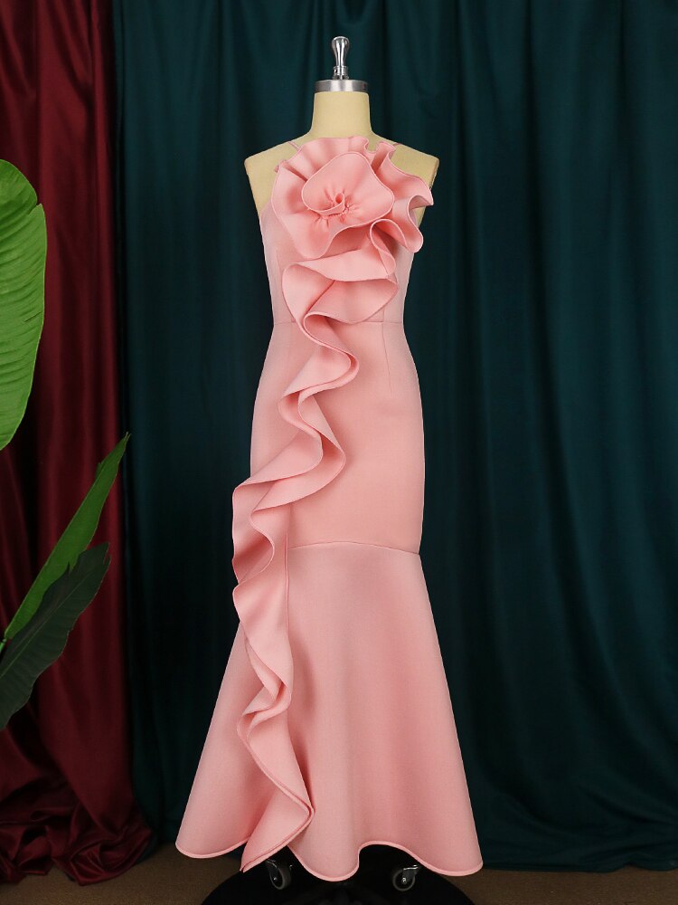 Pink Ruffles Bow Halter Sleeveless Mermaid Dress