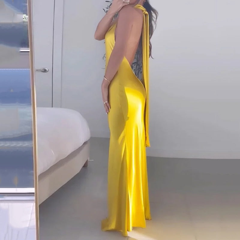 Gold Halter Tie Up Backless Slit Maxi Dress