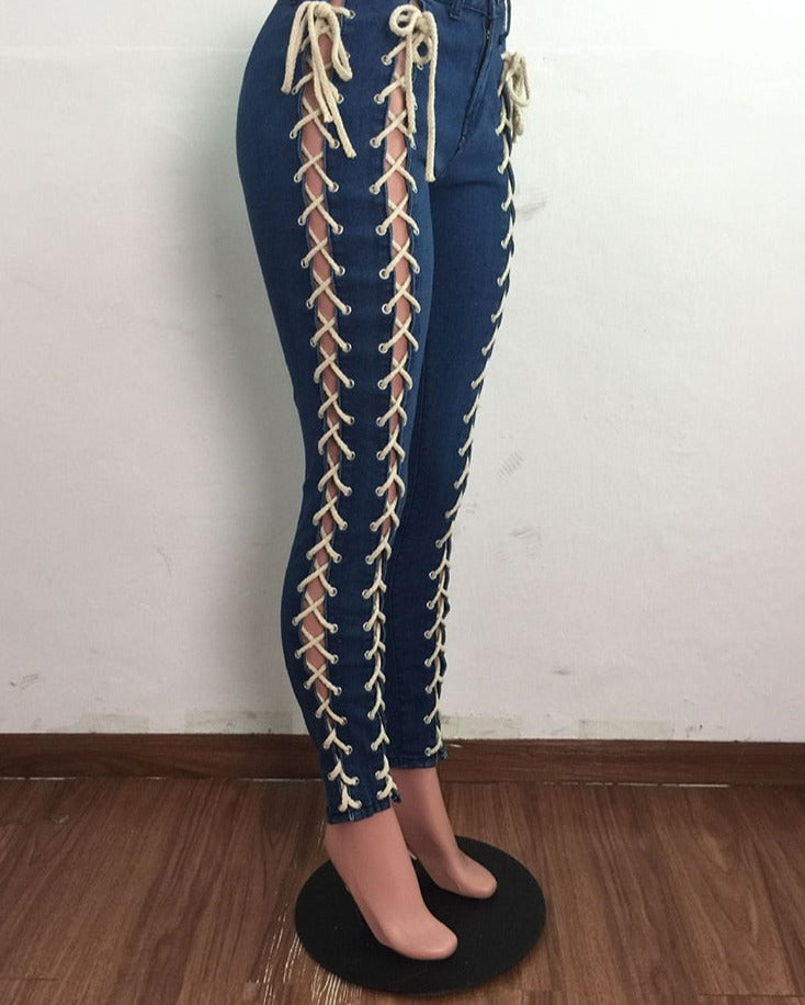 High Waist Lace Up Bandage Pencil Denim Jeans