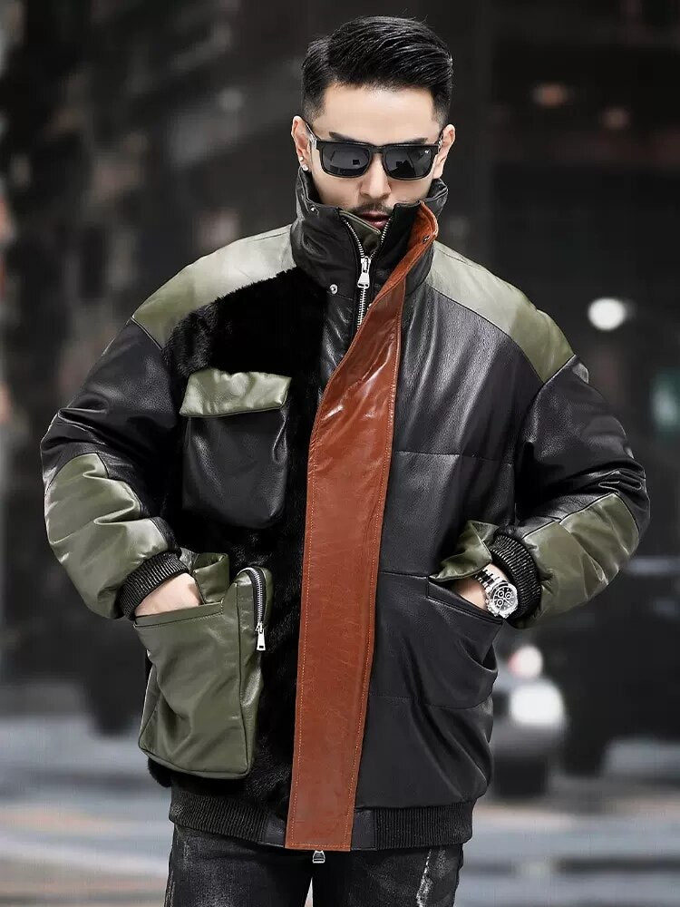 Genuine Leather Down Real Fur Big Pockets Mix Coat