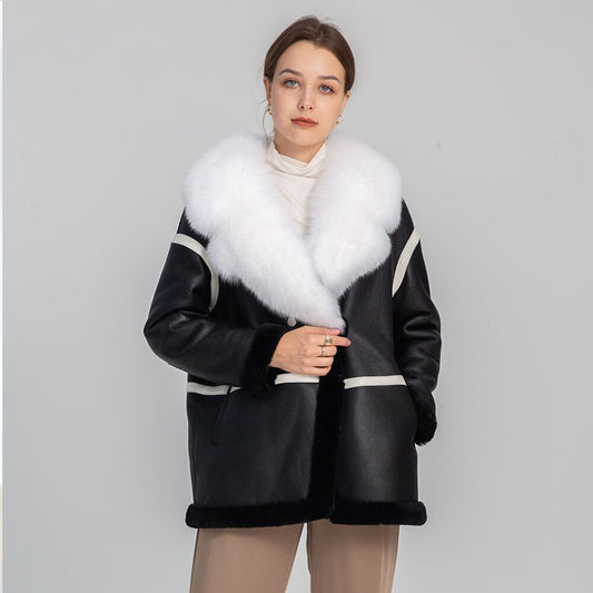 Genuine Leather Coats Shearing Fur Lining Big Real Fur Collar