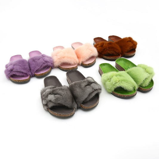 Real Mink Fur Slide Outdoor Flip Flops, Slipper