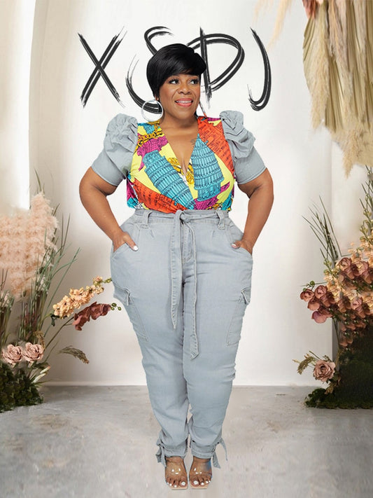 Puff Sleeve Denim Top & Jeans Sets Plus Size