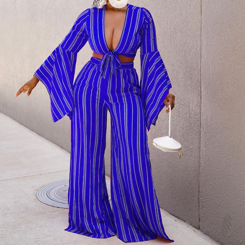 Striped Full Sleeve Crop & Wide Leg Flare Pants Sets