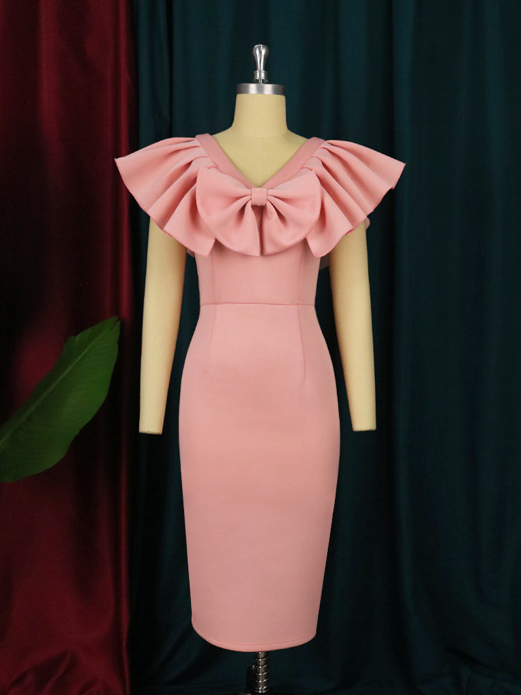 Pink Ruffle Bow Bodycon Dress