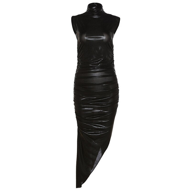 Shiny PU Leather Asymmetrical Maxi Dress
