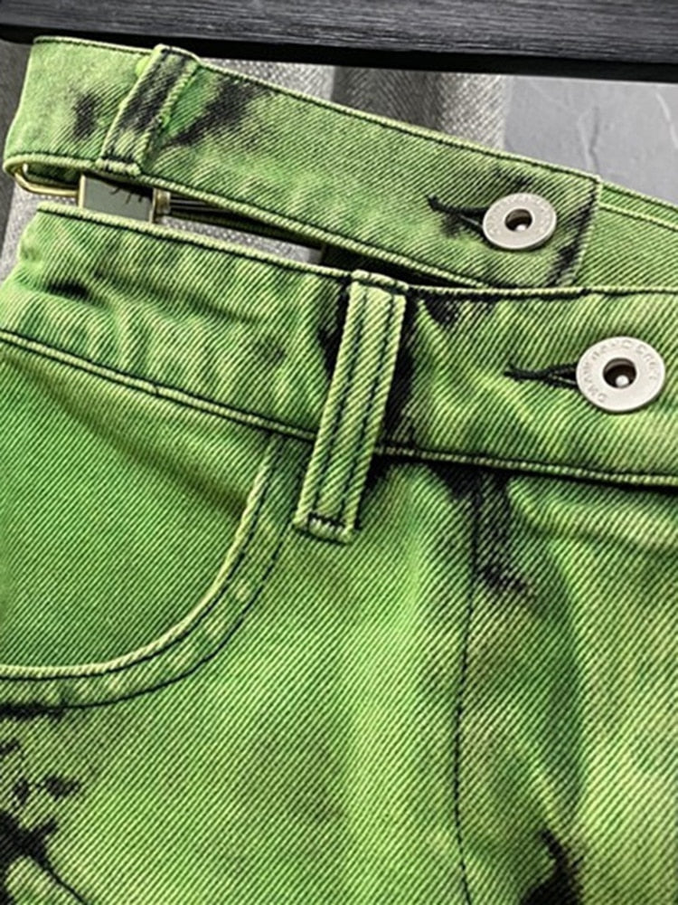 Green Tie Dye Denim Mini Skirts