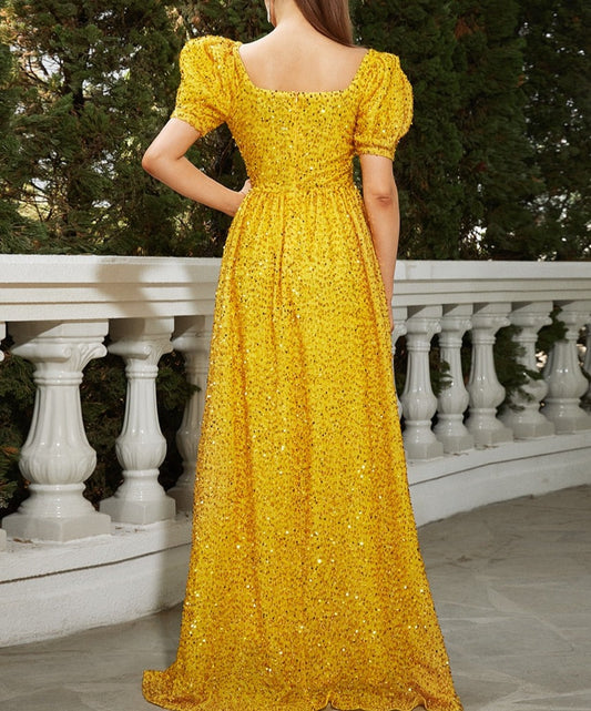 Puff Sleeves Mesh Under Breast Sequin Maxi Dress