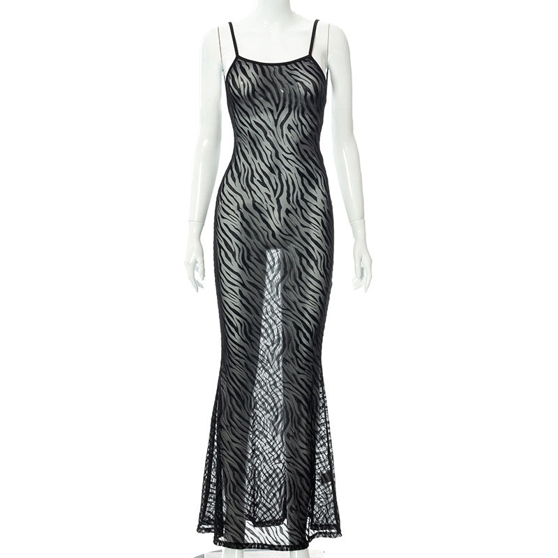 Zebra Mesh Tight Maxi Dresses