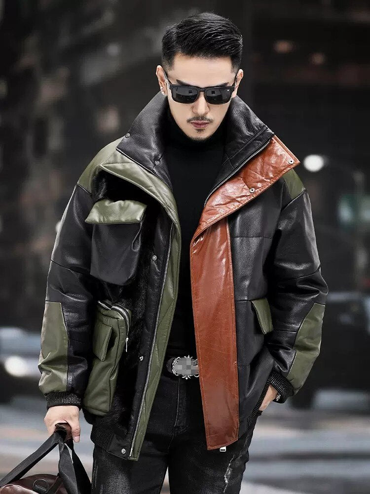 Genuine Leather Down Real Fur Big Pockets Mix Coat