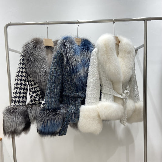 Pattern Wool Fur Collar & Trim Pea Coats