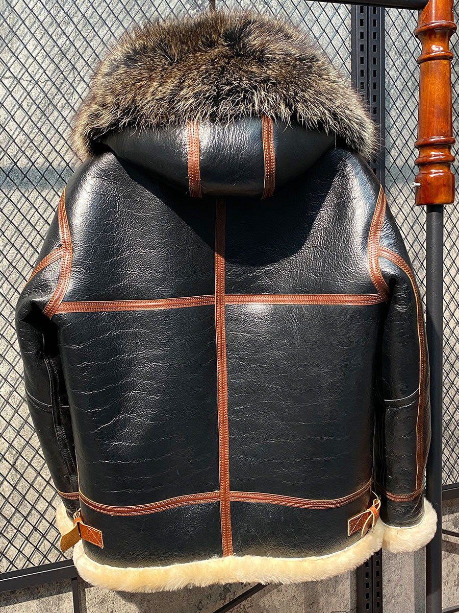 Genuine Leather Shearling Two Tone Hooded Jacket