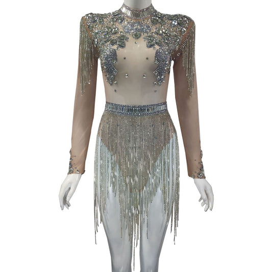 Rhinestones Mesh Crystal Chain Tassel Bodysuit