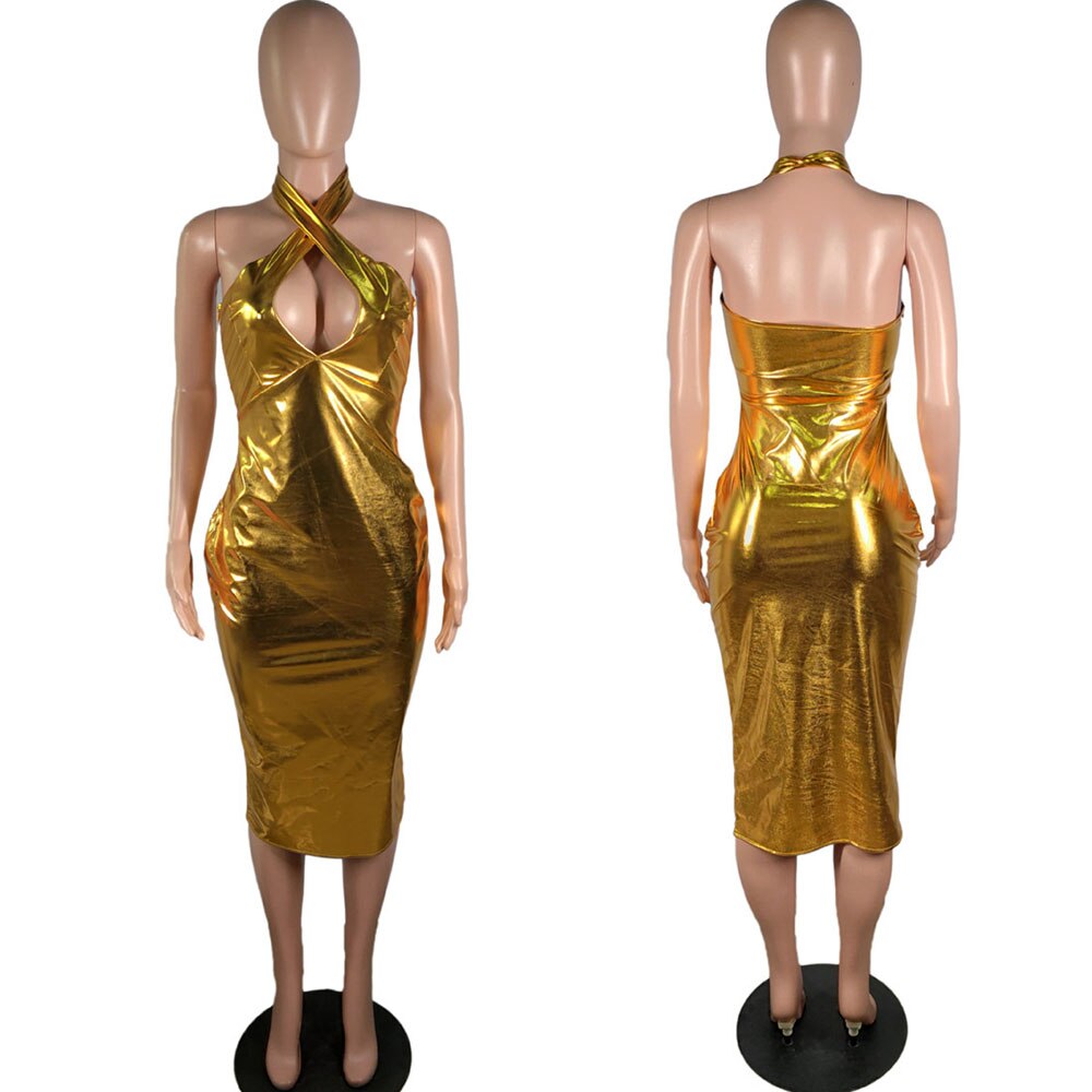 Shiny Metallic Hollow Sleeveless Dresses