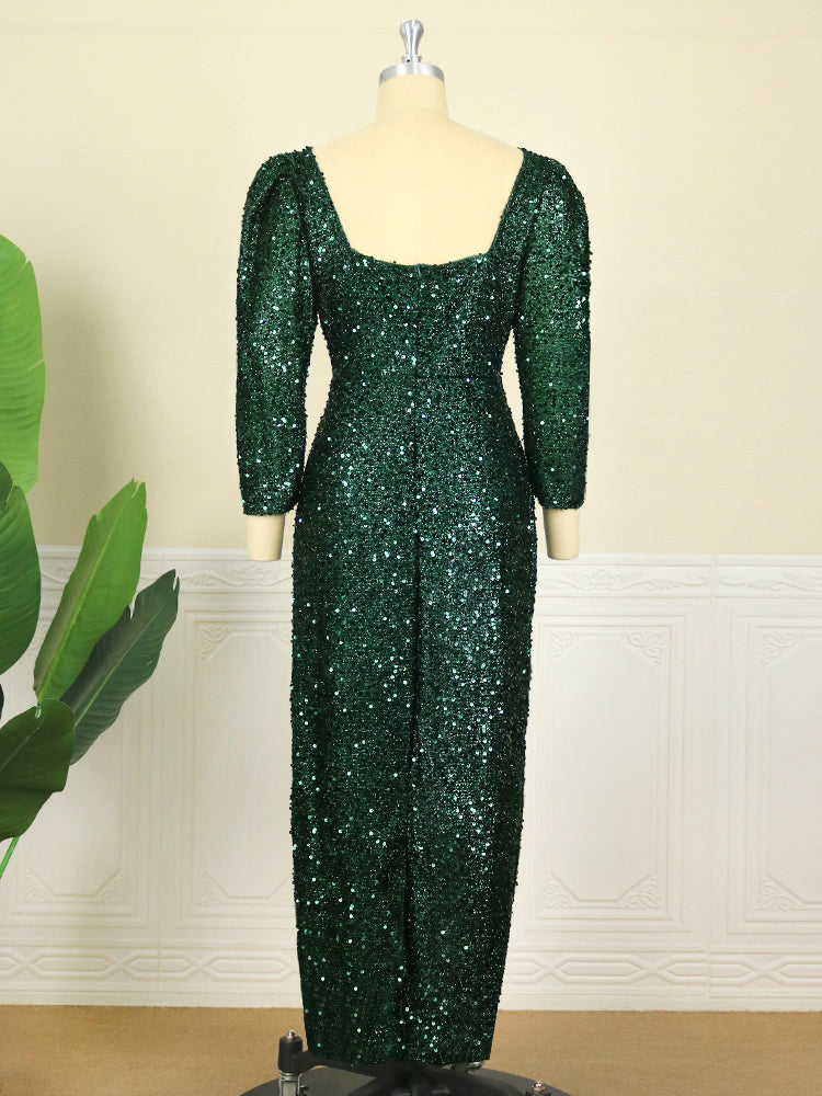 Shiny Fuzz Sequins Half Puff Sleeves Maxi Dresses