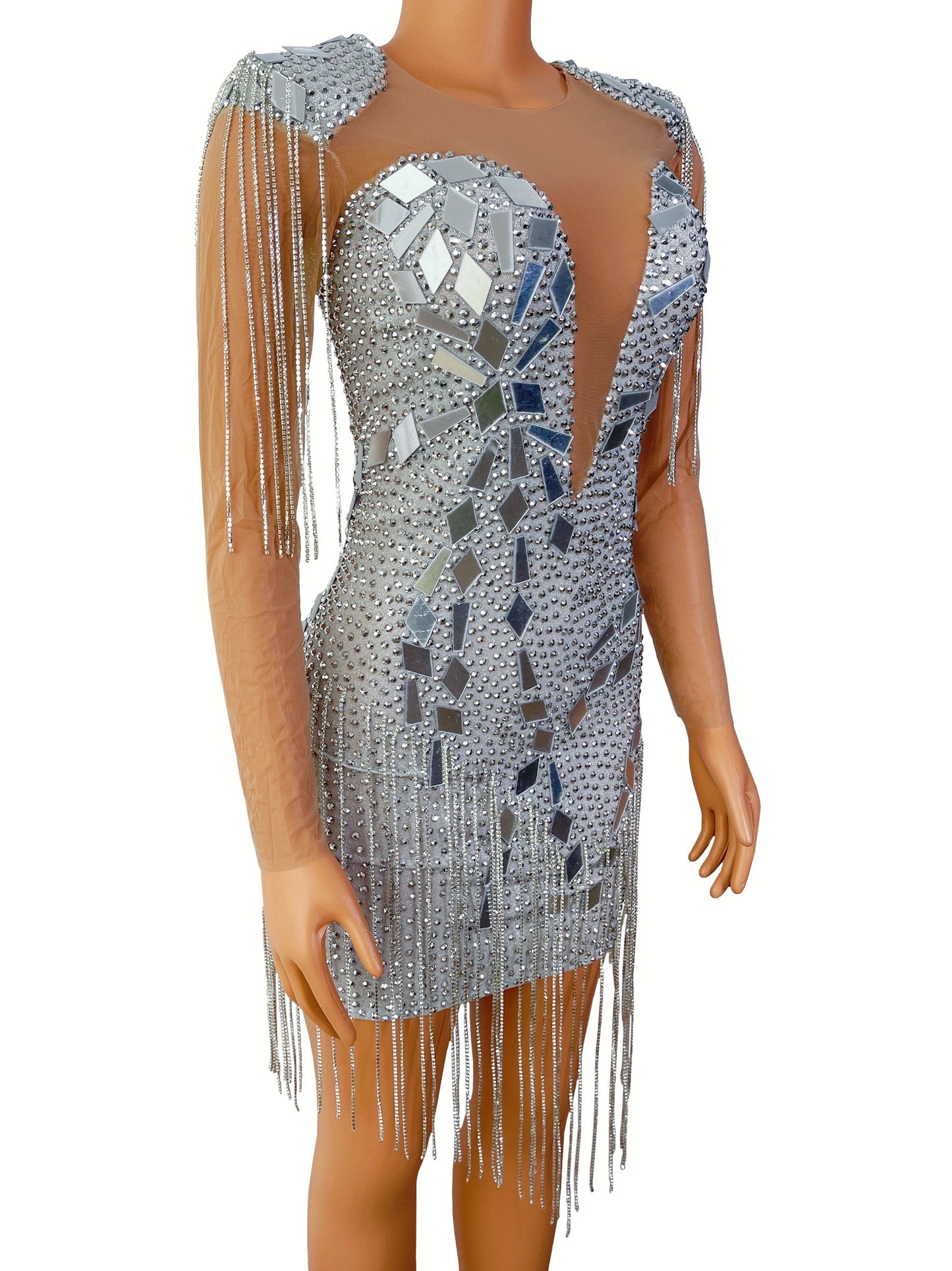 Silver Mirror Crystal Chain Mesh Dresses